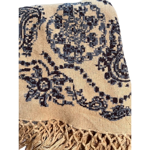 Vintage Acrylic Vest/shaw‎ Tan/Blue Fringe Small-Medium - Picture 5 of 5